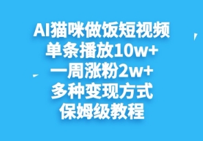 AI猫咪做饭短视频，单条播放10w+，一周涨分2w+，多种变现方式，保姆级教程-哦耶社群