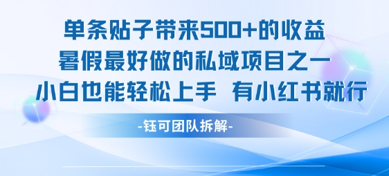 单条贴子带来5张的收益，暑假最好做的私域项目之一，小白也能轻松上手，有小红书就行-哦耶社群