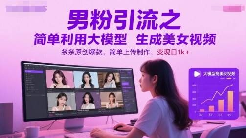 男粉引流之简单利用大模型生成美女视频，条条原创爆款，简单上传制作，变现日1k+-哦耶社群