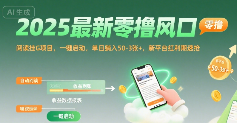 2025最新零撸风口，阅读挂G项目，一键启动，单日躺入 50-3张+，新平台红利期速抢【揭秘】-哦耶社群