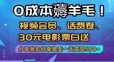 0成本薅羊毛!视频会员、话费卷、30元电影票白送，分享我如何靠转卖一天变现5张+【揭秘】-哦耶社群