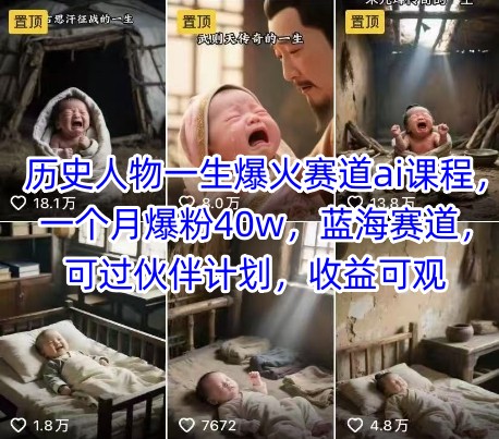 历史人物一生爆火赛道ai课程，一个月爆粉40w，蓝海赛道，可过伙伴计划，收益可观-哦耶社群