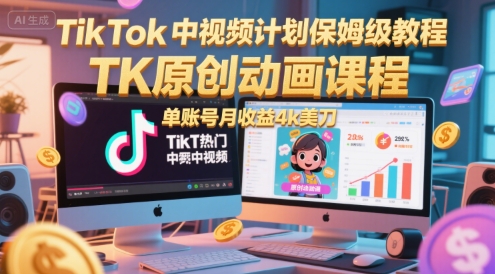 TikTok中视频计划保姆级教程，TK原创动画课程，单账号月收益4k美刀-哦耶社群