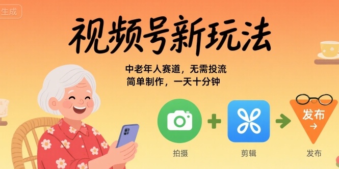 视频号新玩法，中老年人赛道，无需投流，简单制作，一天十分钟，月入1W-哦耶社群