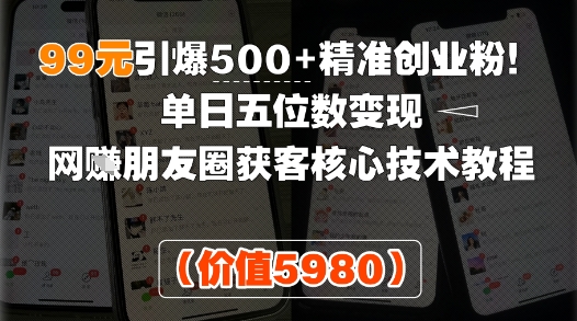 99元引爆500+精准创业粉！单日五位数变现，网创朋友圈获客核心技术教程-哦耶社群