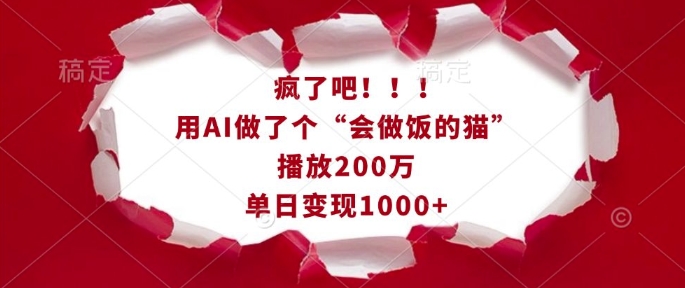 疯了吧！用AI做了个“会做饭的猫”，播放200万，单日变现1k-哦耶社群