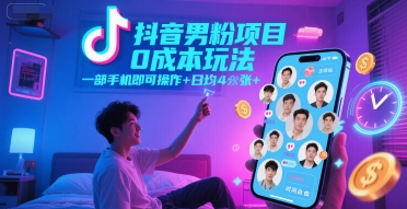 抖音男粉项目0成本玩法，一部手机即可操作，日均4张+，时间自由-哦耶社群