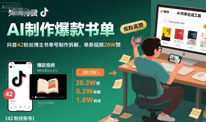 AI制作爆款书单，抖音42粉丝博主书单号制作拆解，单条视频28W赞-哦耶社群